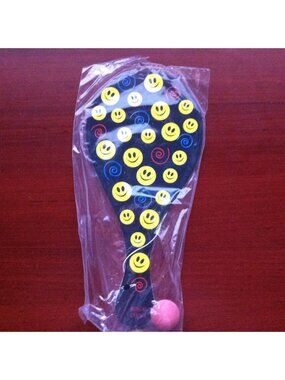 Paddle Ball Toy Black With Smiley Face Print Plastic Paddle Pink Ball